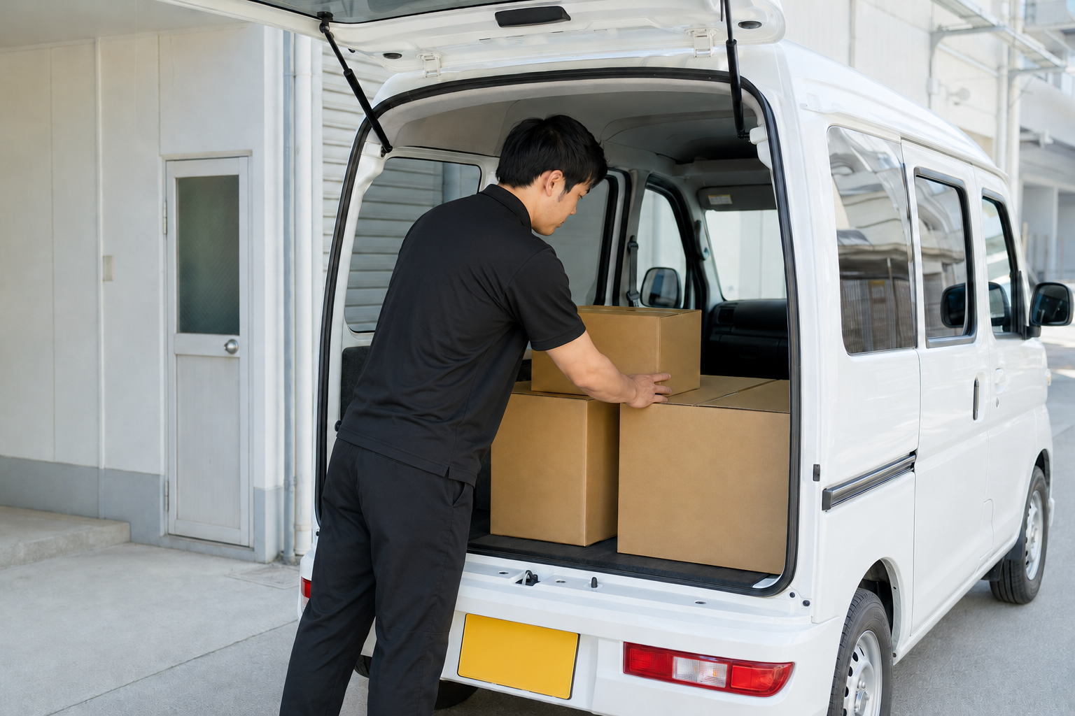 配送スタッフが軽貨物車両へ荷物を丁寧に積み込むイメージ